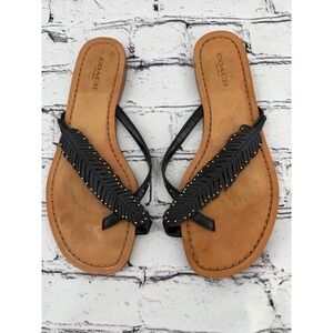 Coach Womens Black Leather Feather Studded Thong Flat Sandals Size 7.5 B Boho